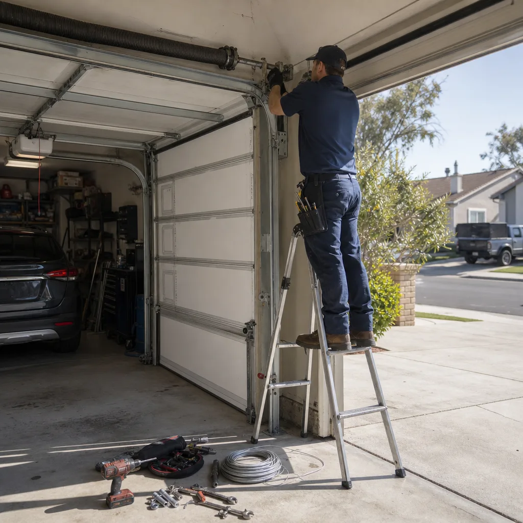 Technician performing professional garage door cable repair on a residential door
