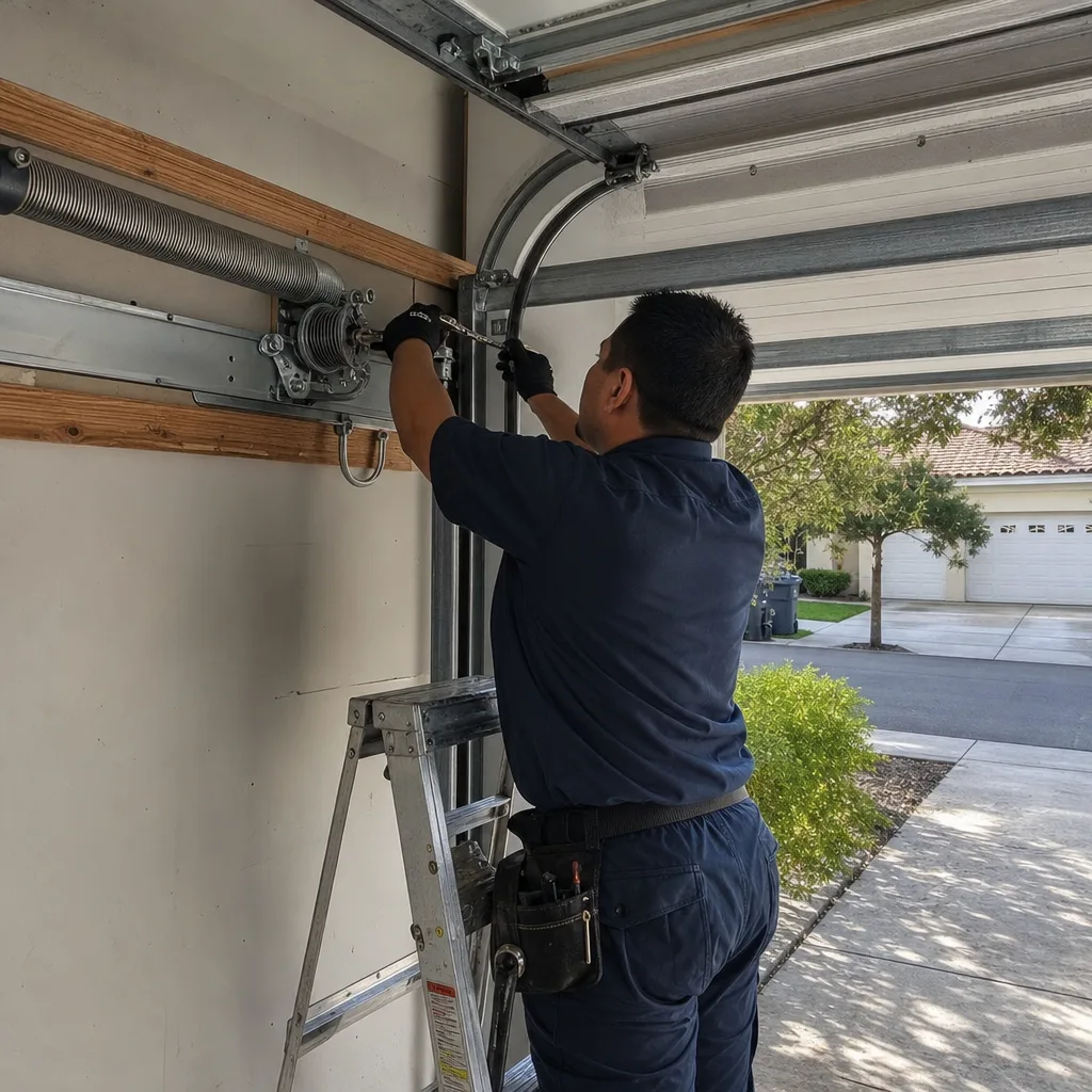 Technician performing professional garage door cable repair on a residential door