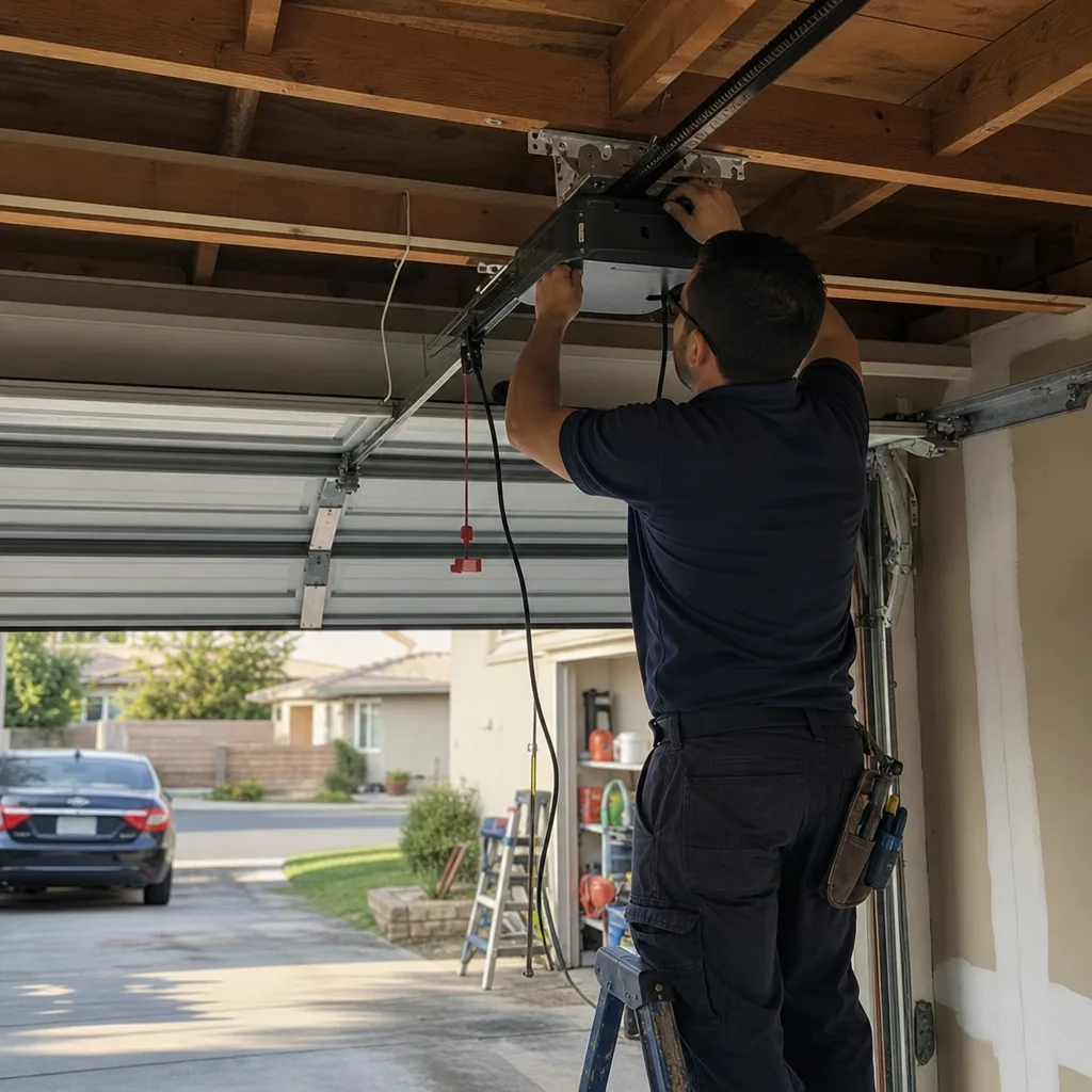 Technician performing professional garage door opener motor repair