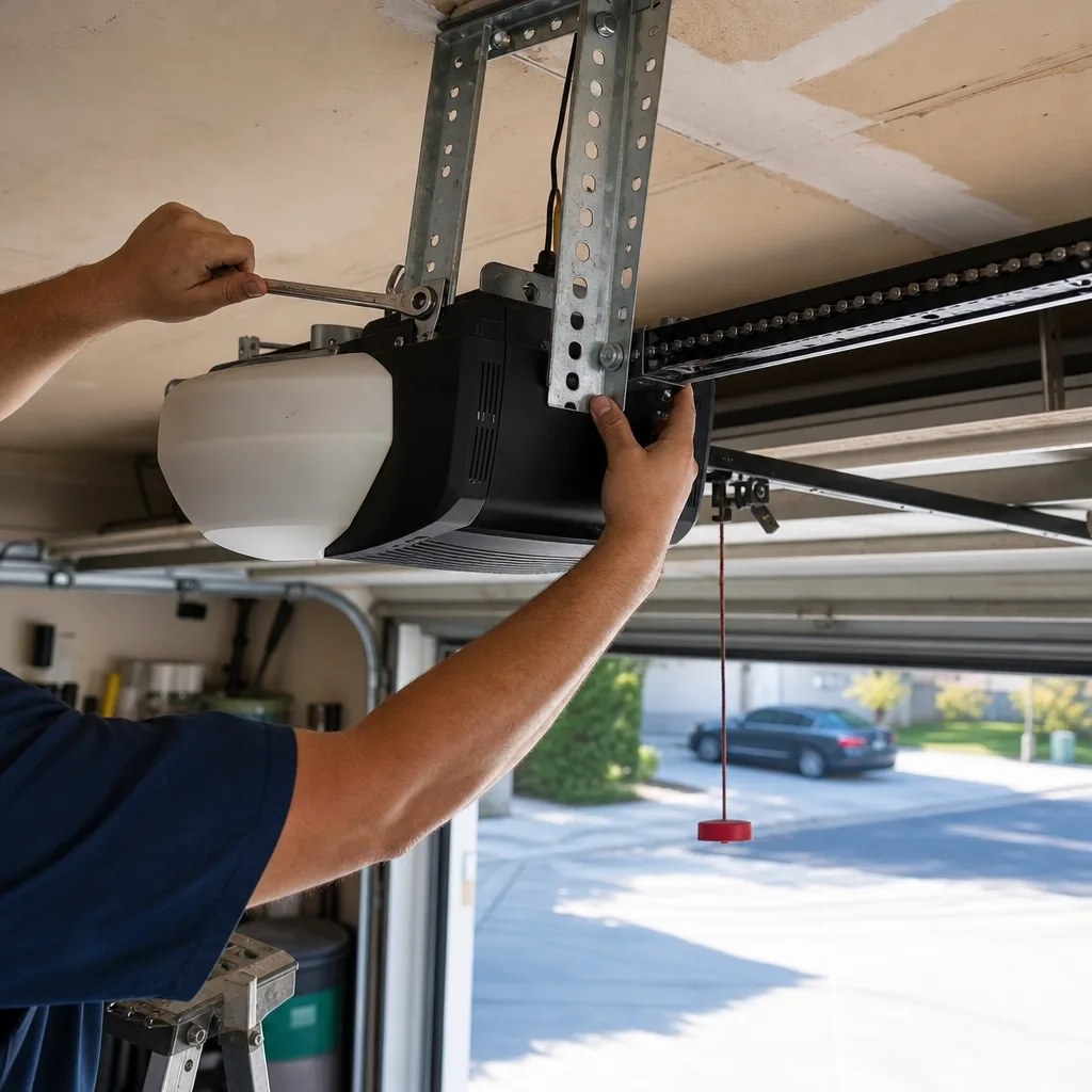 Technician using a wrench for residential garage door opener repair
