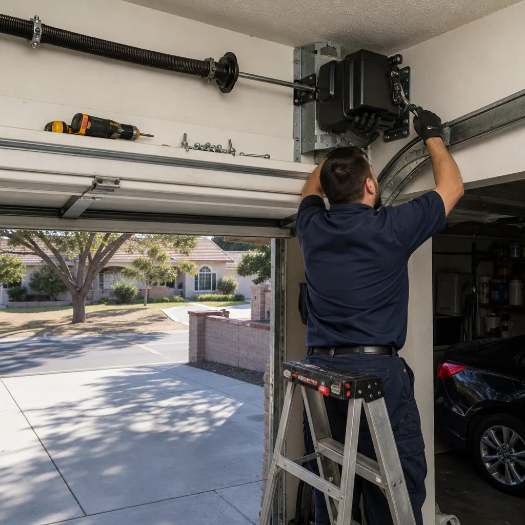 Technician performing professional garage door opener motor repair