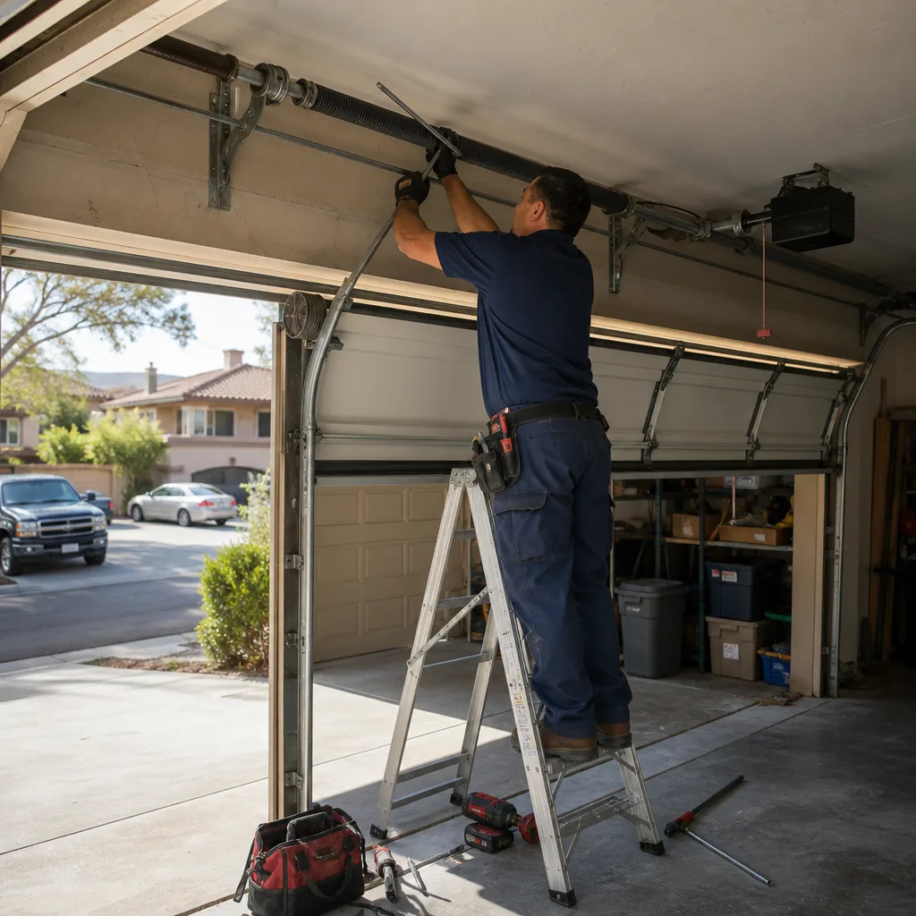 Technician performing professional garage door spring repair on a ladder